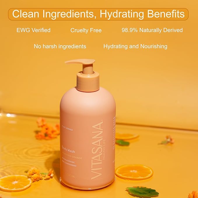 Natural Body Wash for Sensitive Skin, 16 oz – Mandarin Orange Scent, 98.9% Plant‑Derived, EWG Verified, Hypoallergenic, Paraben‑Free, Sulfate‑Free, Cruelty‑Free