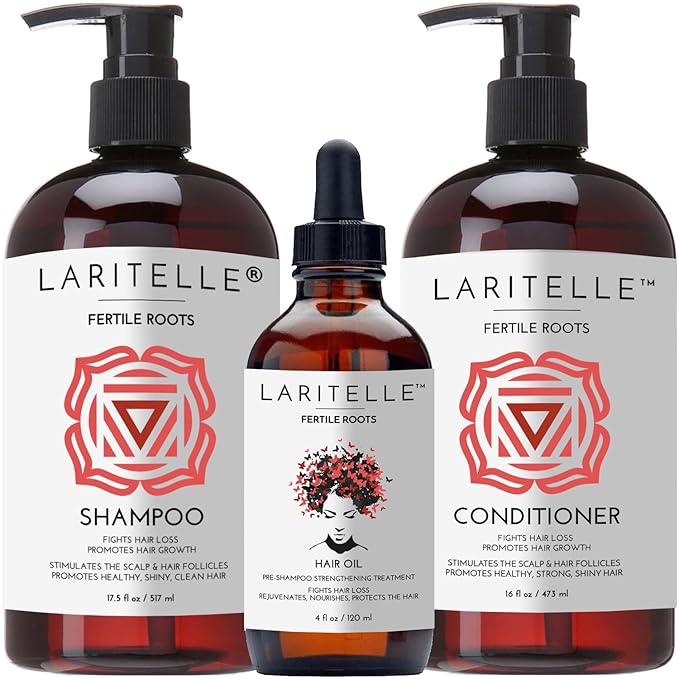 Laritelle Organic Hair Growth Set | Fertile Roots Shampoo + Conditioner + Leave-In Treatment | Follicle Stimulating Rosemary, Ginger & Clove | Anti-Hair Loss, Strengthening, Nourishing | USA made