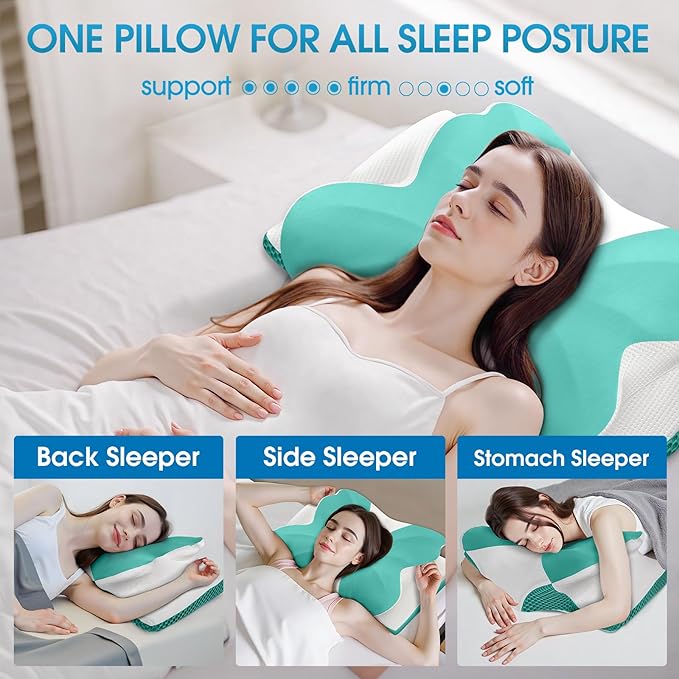 CloudBliss Cervical Memory Foam Pillow for Neck and Shoulder, Contour Neck Support Pillow with Cooling Case, Ergonomic Bed Pillow, Support for Side Back Stomach Sleepers (Green, King Size)