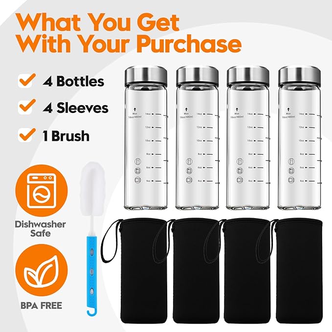 Glass Juice Bottles 16 oz-4 Pack Leak Proof Wide Mouth Water Bottle with Stainless Steel Lid & Sleeve - for Juicing, Smoothies, Infused Water, Beverage Storage, Eco-Friendly Borosilicate