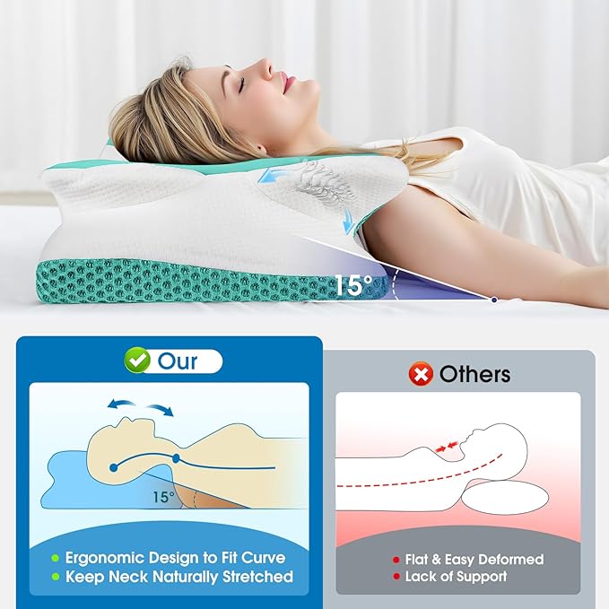 CloudBliss Cervical Memory Foam Pillow for Neck and Shoulder, Contour Neck Support Pillow with Cooling Case, Ergonomic Bed Pillow, Support for Side Back Stomach Sleepers (Green, King Size)