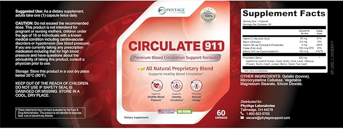 Circulate 911 Supplement - Blood Flow Support Natural Antioxidant & Immune Support, Healthy Blood Pressure - 60 Capsules