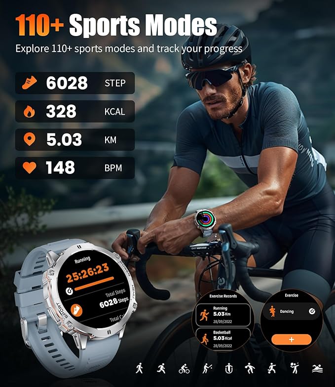 LIGE Smart Watches with 900mAh Battery,1.73" AMOLED relojes para Hombres with Bluetooth Call,110+Sports Mode Tactical Fitness Watch/Heart Rate Sleep Health Monitor/Android iOS Smart Watch