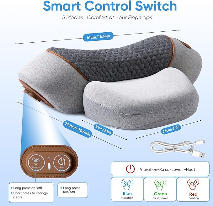 Neck Massager Pillow, 4-in-1 Neck Massager with Heat Massage and Stretching to Relieve Pain Boost Circulation,and Restore Natural Alignment (Light Gray)