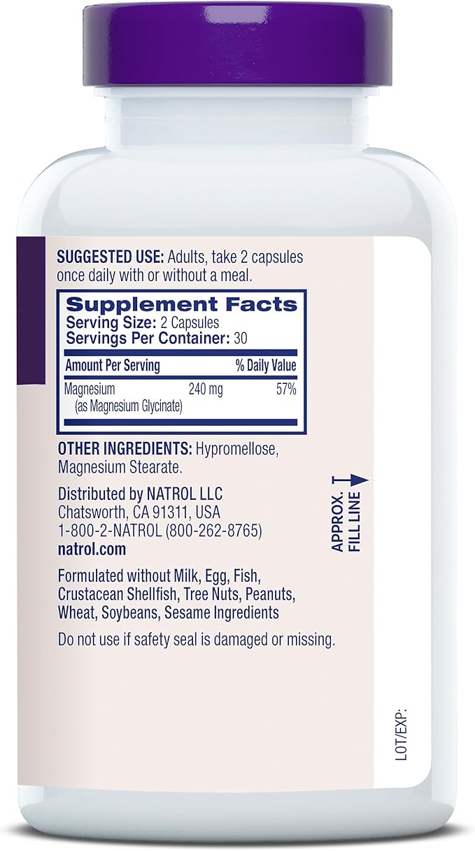 Natrol Magnesium Glycinate Supplements 240 mg - High Absorption - Calm Magnesium Glycinate for Sleep - 60 Capsules, 30 Day Supply