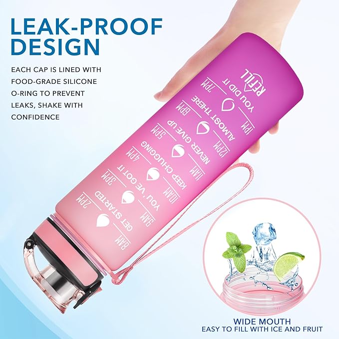 Enerbone Water Bottle, Leakproof BPA & Toxic Free, Motivational Water Bottle with Times to Drink and Straw, Fitness Sports Water Bottle with Strap for Office, Gym, Outdoor Sports