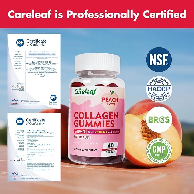 Sugar Free Collagen Gummies with Vitamin C Vitamin E Support Natural Collagen Production, Healthy Hair, Nails and Bones,Peach Flavor,60 Gummies for 30 Days Supply