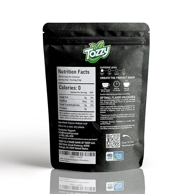 Tozzy Organic Mullein Tea – 100 Count, Plant-Based Pyramid Tea Bags | Supports Lung Health & Respiratory Wellness