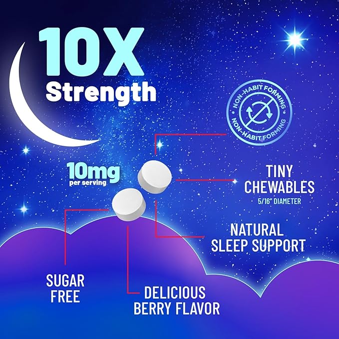 Melatonin Sleep Supplement 10mg - Maximum Strength 100% Drug Free, Non-Habit Forming - Best Sleep Supplements for Adults Restful Sleep - Fast Dissolve Melatonin, Berry Flavored - 120 Chewable Tablets