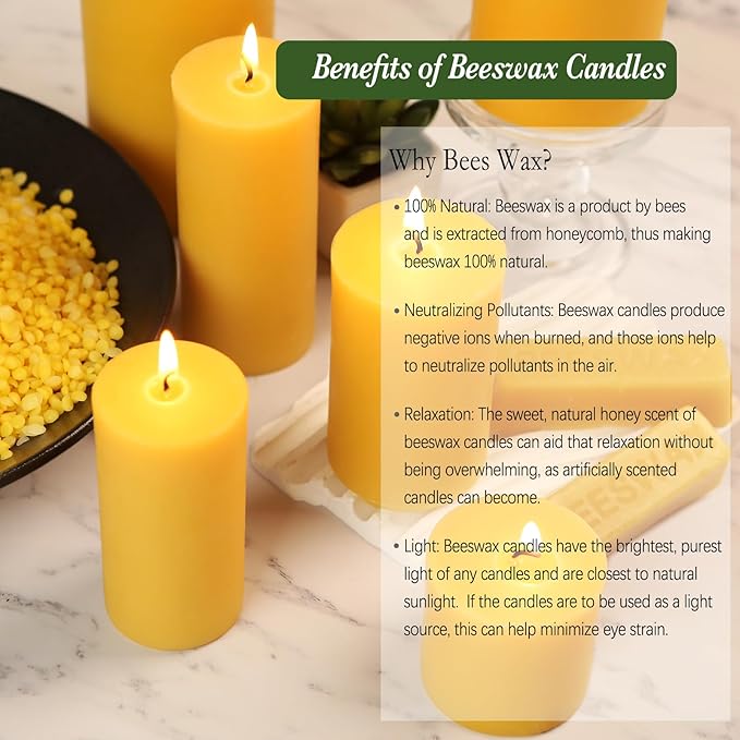 Natural Beeswax Candles Set of 6, Handmade Beeswax Pillar Candles Set, 6 Sizes, 100% Pure Unscented Bees Wax Candle, Honey Aroma Pillar Candles Bulk, for Calming, Relaxing, Air Purification