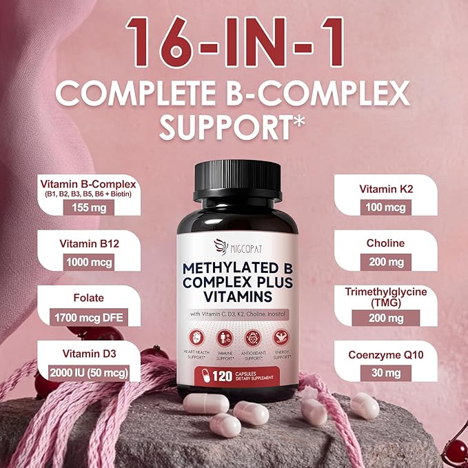 16-in-1 Methylated Multivitamin Plus, Methylated B Complex with Vitamin B12 & Methylfolate, B1-B7, CoQ10 & Alpha Lipoic Acid, Vitamin B Complex for Energy, Brain, Heart, Immunity& Antioxidant,120 Caps
