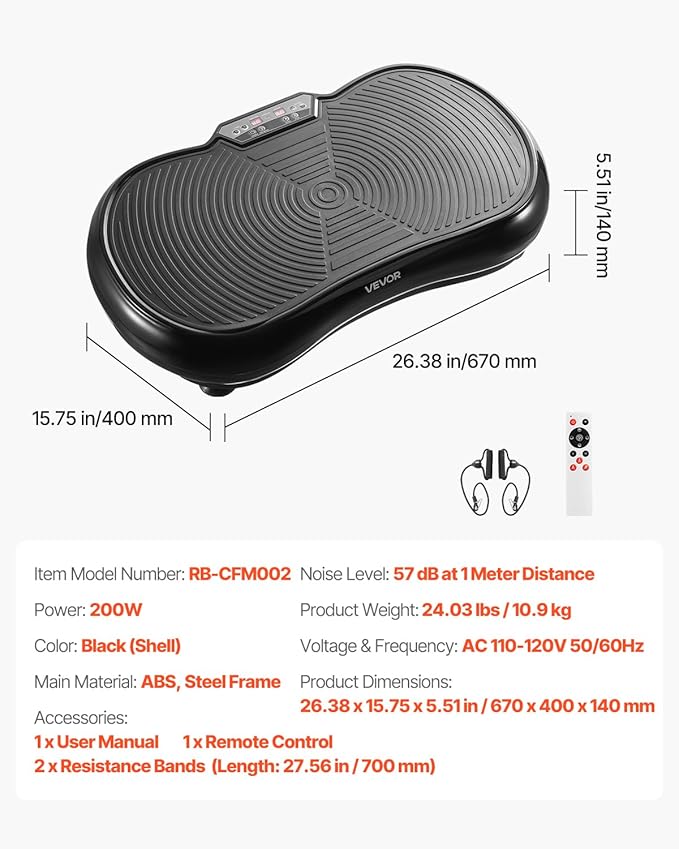 VEVOR Vibration Plate Exercise Machine, Whole Body Shaker for Lymphatic Drainage and Weight Loss, Home Workout Gym Fitness Equipment with 2 Resistance Bands, Vibrating Platform for Women Men