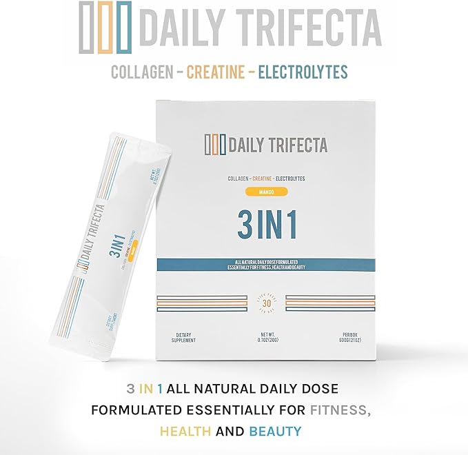 Daily Trifecta 3-in-1 Collagen, Creatine & Electrolyte Stick Packs | Type I Collagen, Creatine Monohydrate, Zero Sugar | 30 Natural Single-Serve Packets | Strength, Hydration & Recovery (Mango)
