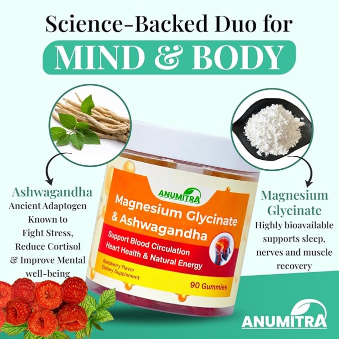 ANUMITRA Magnesium Glycinate 400mg and Ashwagandha Gummies for Men & Women-90 Count- Sugar Free Chews for Stress Relief gumies, Night Rest Promotes Relaxation & Well-Being Raspberry Flavor