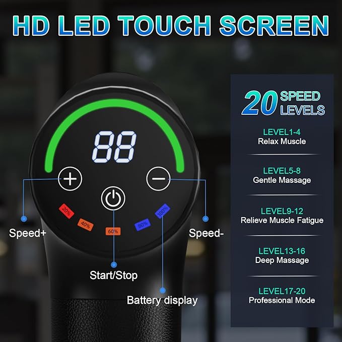 Massage Gun Deep Tissue,Portable Electric Muscle Massager,High Intensity Percussion Massager for Pain Relief with 20 Speeds & LED Screen,Black