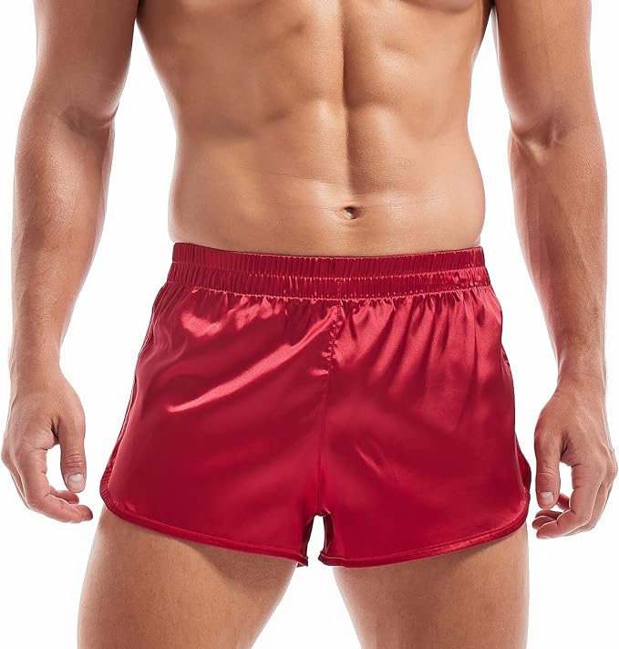 AMY COULEE Mens Satin Shorts Silk Boxers Sexy Split Side Lounge Shorts 3 Inch Pajama bottoms