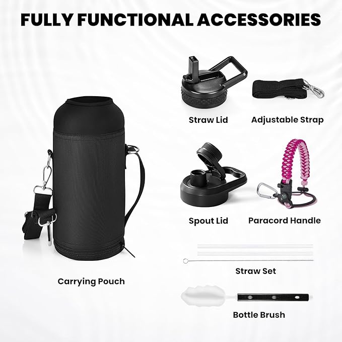 Insulated Water Bottle 32 oz, Triple Wall Vacuum Stainless Steel (Cold for 48 Hrs), Leak Proof & Non-BPA, Modern Water Flask Jug with Paracord Handle & Straw Spout Lids, Ombre Pink