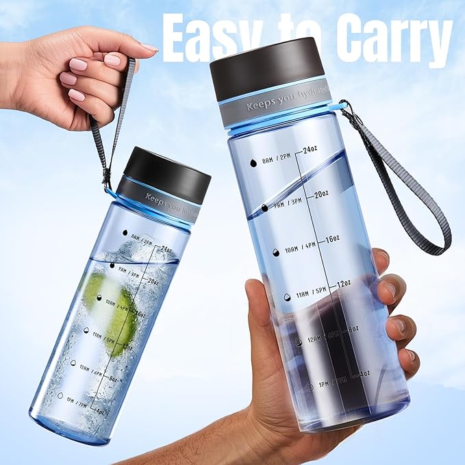Plastic Water Bottles, 28oz Clear Water Bottle with Measurements, Wide Mouth Water Bottle with Strap, Gym Water Bottles for Men (Blue)