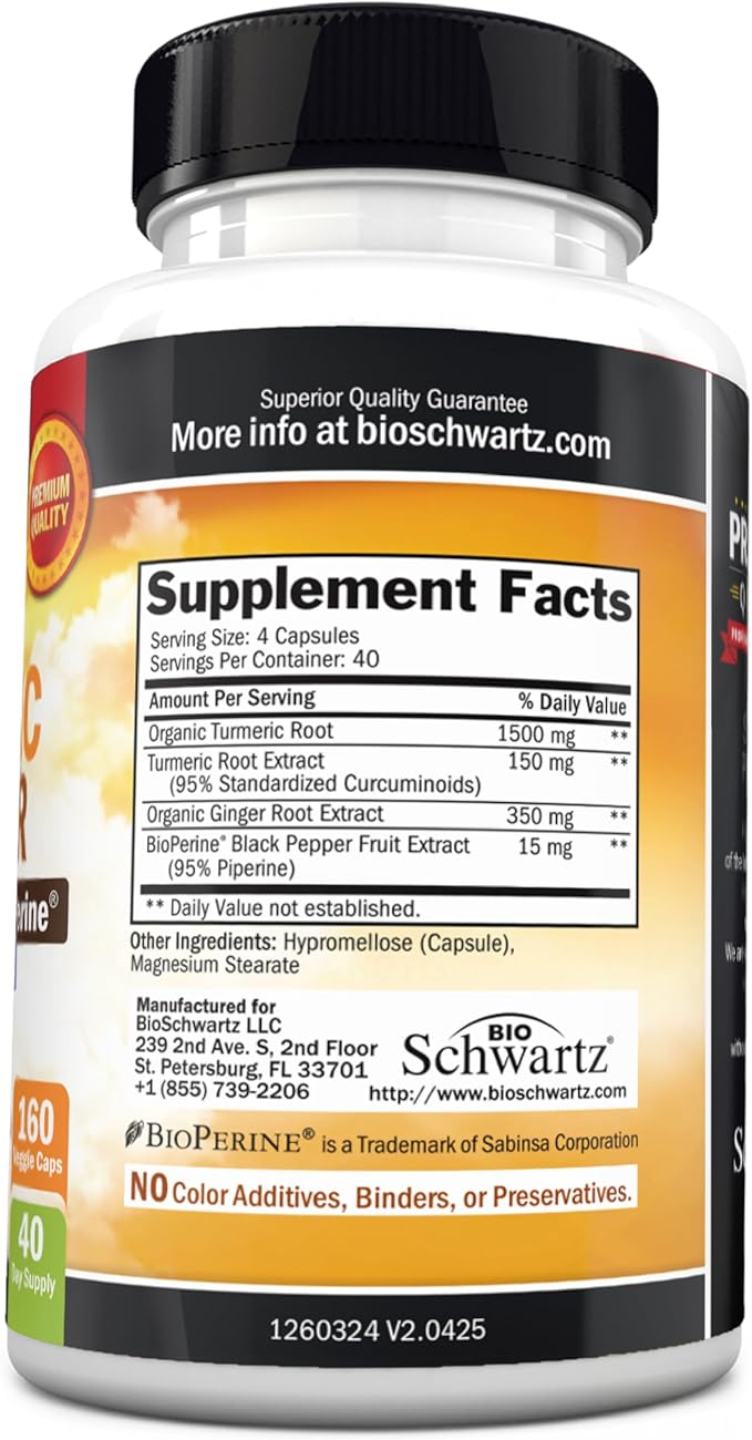 BioSchwartz Turmeric Curcumin and Ginger 2,000 mg 95% Curcuminoids + BioPerine Black Pepper for 20× Absorption – Joint & Knee Support, Heart, Immune & Digestive Support – Non-GMO, Vegan, 160 Caps
