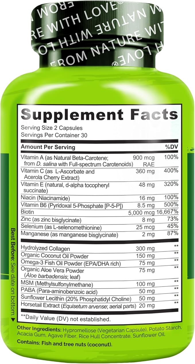 NATURELO Hair, Skin and Nails Multivitamin - 5000 mcg Biotin, Collagen, Natural Vitamin E - Supplement for Healthy Skin, Hair Growth for Women and Men 60 Capsules