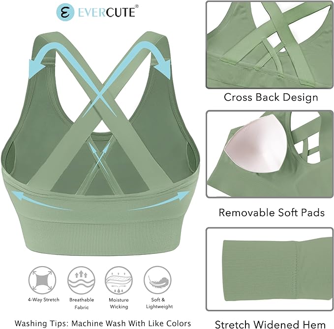 Evercute Sports Bra for Women Padded Medium Support Criss Cross Strappy Bras Seamless High Impact Yoga Exercise Athletic Bras