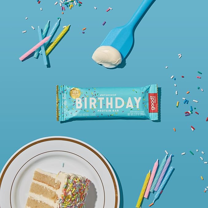 good! Snacks Birthday Cake Vegan Protein Bar, Soy & Gluten Free, Plant Based, Low Sugar, 15g Clean Protein, Natural Healthy Superfood Snack, Kosher Friendly, For Athletes & Active Lifestyles, 12 Bars