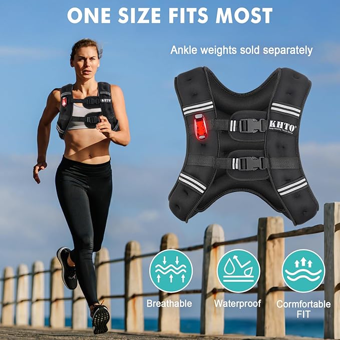 KHTO Weighted Vest Woman Men-5lbs/10lbs/15lbs/20lbs/25lbs/30lbs Weight Vest with Warning Light Reflective Strip for Workout, Strength Training, Running