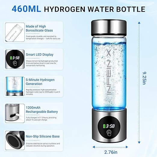 Hydrogen Water Bottle, 3000PPB Portable Hydrogen Water Ionizer Machine, Rechargeable Hydrogen Water Bottle Generator with SPE & PEM Tech, Hydrogen Water Cup for Gym Office Home Travel