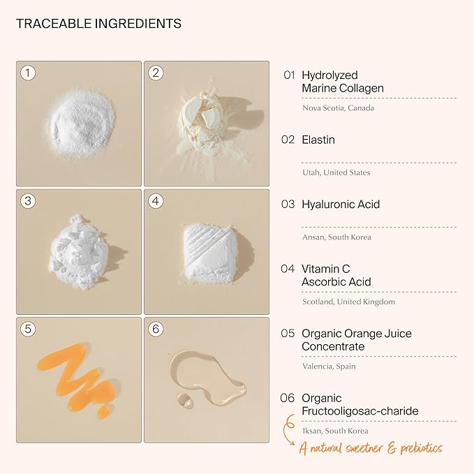 Ownist Triple Collagen Liquid Packets On-The-Go - Peptides with Hydrolyzed Marine Collagen, Elastin, Hyaluronic Acid and Vitamin for Healthy Skin - Orange Flavor - 14 Individual Stick Packs