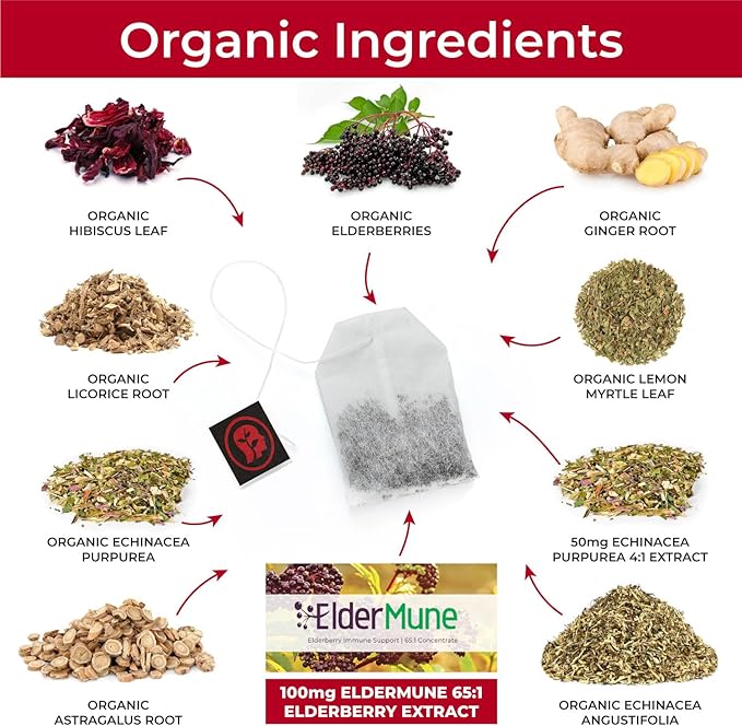 Herbal Immunity Tea - Immune System Booster - 100mg High- Potency Elderberry, 50mg Echinacea, Lemon, & Ginger Organic Herbal Tea Bags - Caffeine Free Immunity Boost