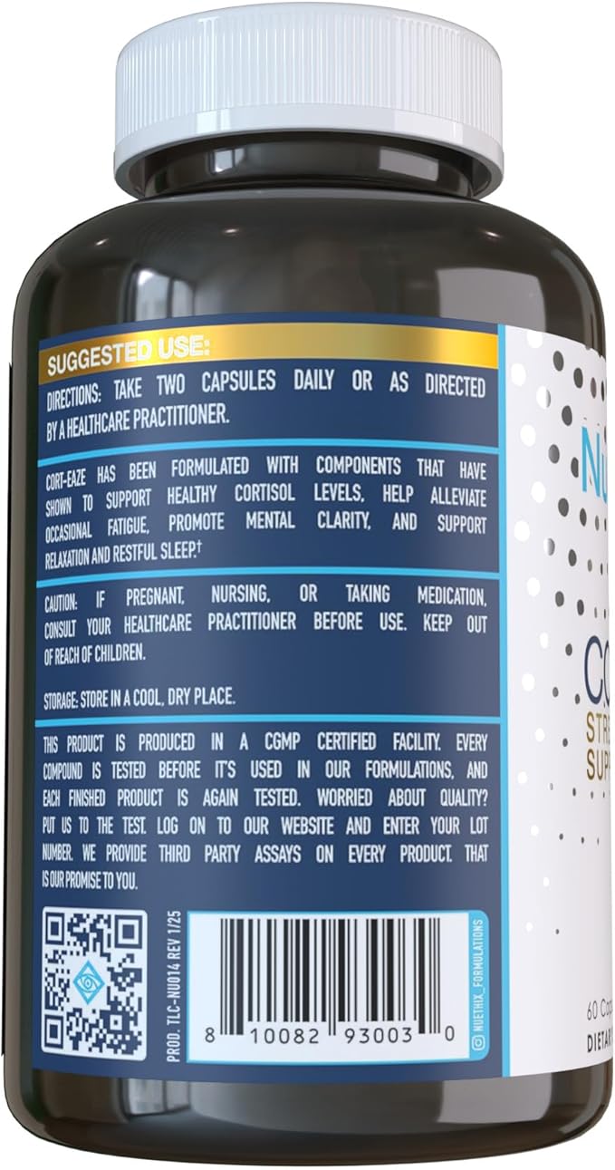 NuEthix Formulations Cort-Eaze - Cortisol Supplement - Health Support Supplement with Ashwagandha, L-Theanine & Rhodiola Rosea - Relaxation and Deep Sleep, 60 Capsules, 30 Servings