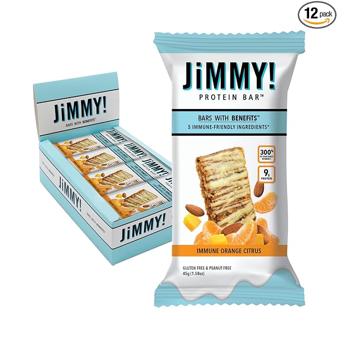JiMMYBAR! - Immune! Orange Citrus Blast Protein Bars - 9g Protein Bar - 12 Count - 58g of Real Food - 300% of Daily Vitamin C - Chewy & Soft Meal Replacement Bar - Hand Drizzled Topping