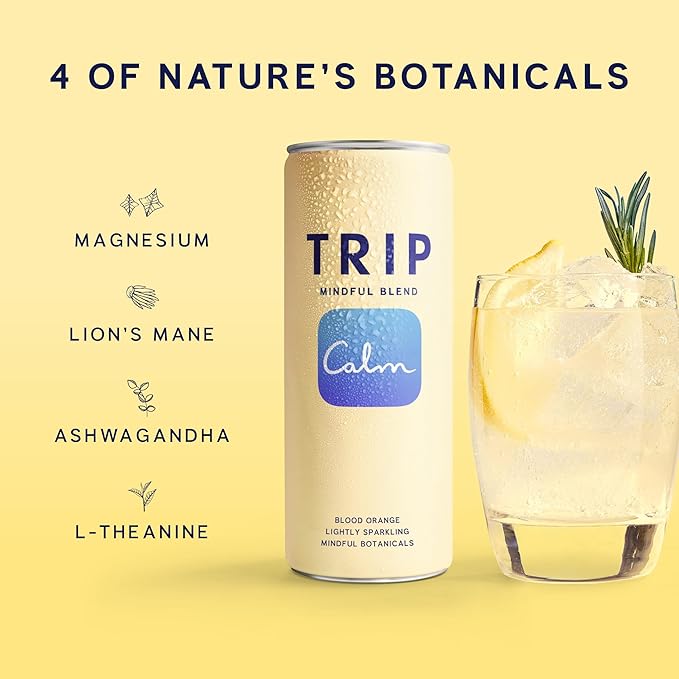 Trip Mindful Blend, Lightly Sparkling Adaptogen Seltzer, 120 MG Magnesium Citrate with Ashwagandha, Lions Mane & L Theanine, No Added Sugar, Low Calorie, Vegan, Blood Orange, 12 Oz, 12Pk