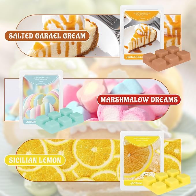 SCENTORINI Wax Melts, Fall Scented Wax Melts, 6 Pack, Cinnamon Roll, Salted Caramel Cream, Marshmallow Dreams, Sicilian Lemon, Golden Apple, Vanilla Cake