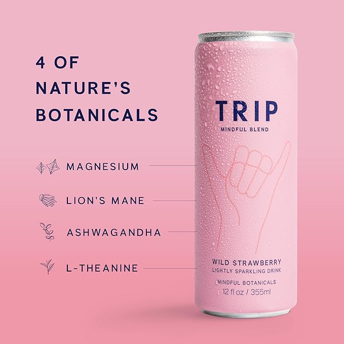 Trip Drink Mindful Blend, Lightly Sparkling Adaptogen Seltzer, Adaptogen Drink 120 MG Magnesium Citrate with Ashwagandha, Lions Mane & L Theanine, No Added Sugar, Low Calorie, Vegan, Wild Strawberry, 12 Oz, 12Pk