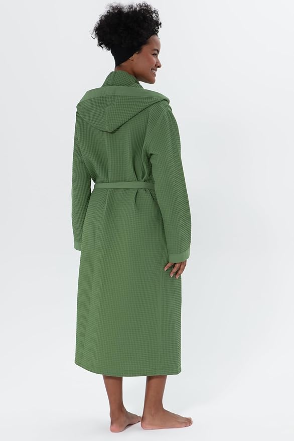 SEYANTE Womenโs Luxury Waffle Shawl Collar, Hooded Robe w Piping โ Lightweight, Long, Ultra Soft Spa Sleepwear Bathrobe