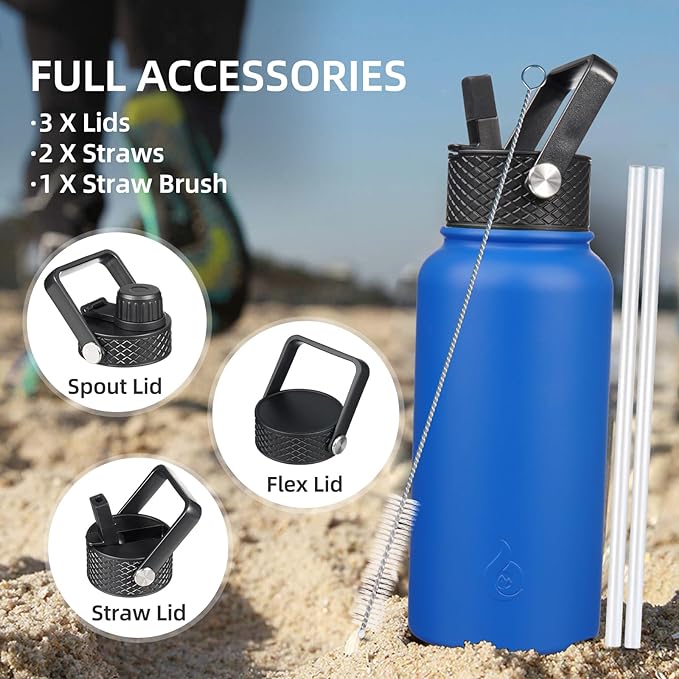 BJPKPK Insulated Water Bottles with Straw Lid, 40oz Stainless Steel Metal Water Bottle with 3 Lids, Reusable Thermo, Keep Cold Hot for Sports, Gym-Sapphire
