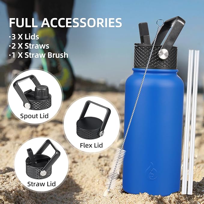 BJPKPK Insulated Water Bottles with Straw Lid, 22oz Cold & Hot Thermo, Stainless Steel Metal Water Bottle with 3 Lids, Reusable Thermo, Cups, Mugs for Daily Use-Sky