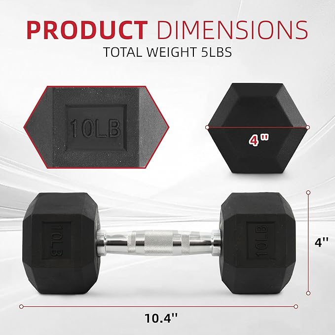 Rubber Encased Hex Weights Dumbbells Set of 5 – 50 lb Pair | Cast Iron Hand Weights with Anti-Slip Grip for Home Gym Strength Training