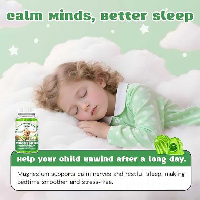 Liposomal Kids Magnesium Gummies- Magnesium Glycinate Gummies for Kids Supplement-w/Omega-3, Vitamin B6, D3- Support Calm Stress Relief, Bones, Mood, Green Apple & Kiwi Flavor, 60 Count