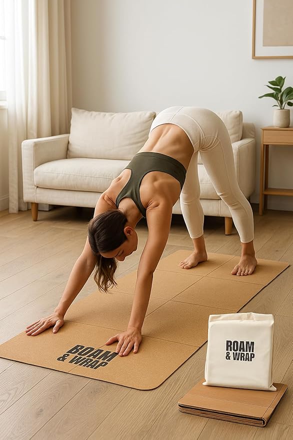 Roam & Wrap Foldable Cork Yoga Mat – Compact 14-Panel Travel Mat, Lightweight & Easy to Carry, Fits in Bag with Carry Pouch, Non-Slip Cork top & TPE bottom, Cotton Bag Included (4mm)