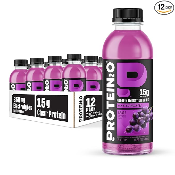 Protein2o Hydration Drink - 2-in-1 Liquid Clear Whey Protein Isolate and Electrolyte Drink - 15g Protein, Vitamins B5, B6 - Post-Workout Recovery - 16.9 Fl Oz - 12 Count Grape