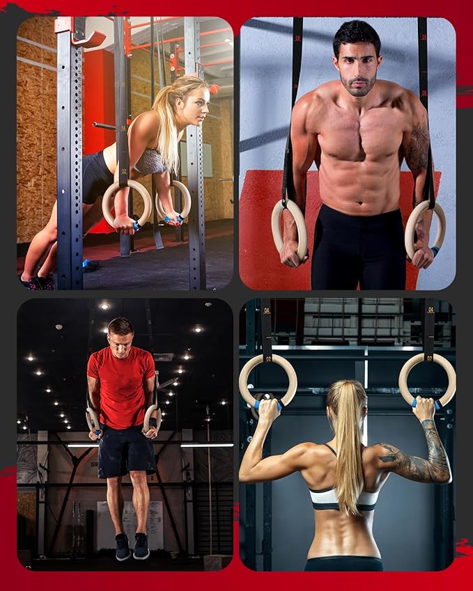 Gonex Wooden Gymnastic Rings with Adjustable Number Straps, Olympic Rings for Gym, Workout, Exercise, Outdoor Training, Quick Install Carabiner, 8.5 ft Straps Pull Up Non-Slip Rings