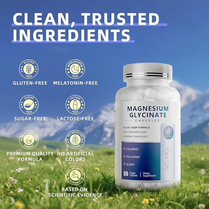 Magnesium Glycinate 850mg Capsules with L-Theanine, Chamomile & GABA for Sleep, Calmness, Muscle, Bone Health & Immune Support, Magnesium for Women and Men, Vegan, High-Absorption, 60 Count