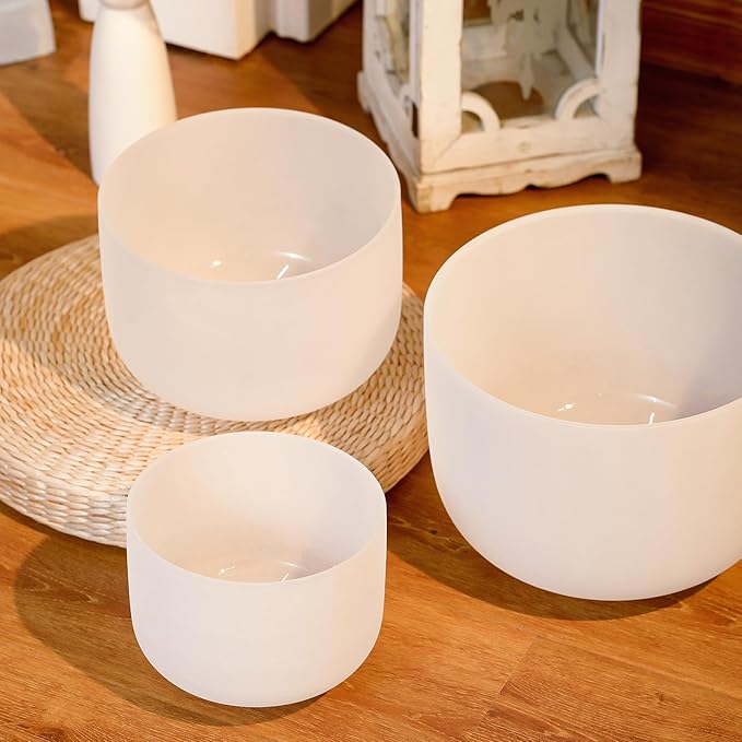 Hye-eun Sound Bowl Meditation Set,432hz Frosted Quartz Crystal Singing Bowls Set of 3, 8"A Third-eye10"C Root 12"F Heart Chakra with Carrying Case Healing instrument