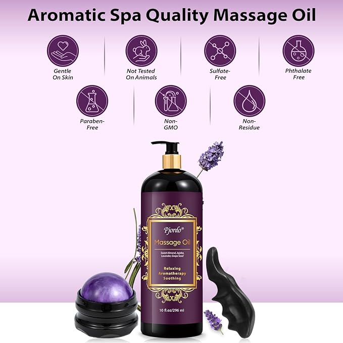 PjordoAromatherapy Lavender Massage Oil, Massage Oil for Massage Therapy, Calming, Soothing, Relaxing, Spa Gifts for Him Her, 10 Fl Oz