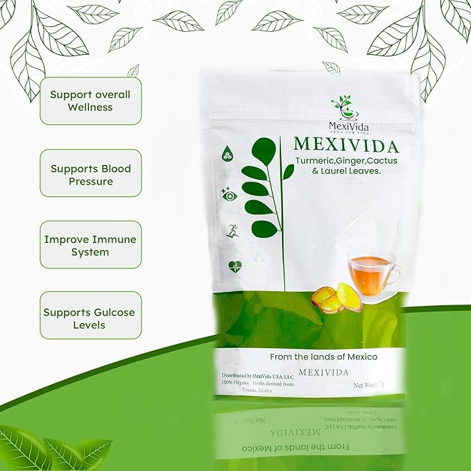 MexiVida Herbal Tea, Supports Blood Pressure & Sugar Balance, All Natural Ginger Turmeric Tea, Nutrient-Rich Herbal Tea, Caffeine-Free Wellness Tea