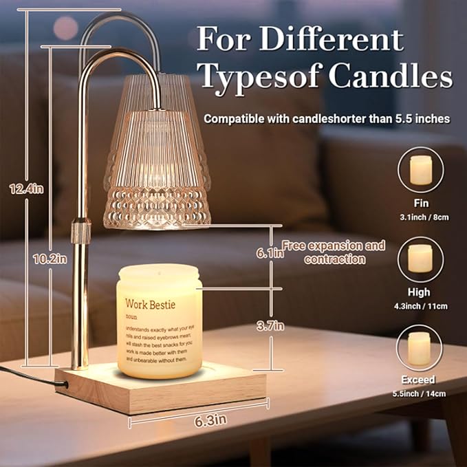 Candle Warmer Lamp Adjustable Height & Dimmable, Electric Candle Warmers for Jar Candles, Home Decor Lamp with Timer, Perfect Gifts for Women Men, Safe Night Light for Bedroom Office (Amber-wood B)