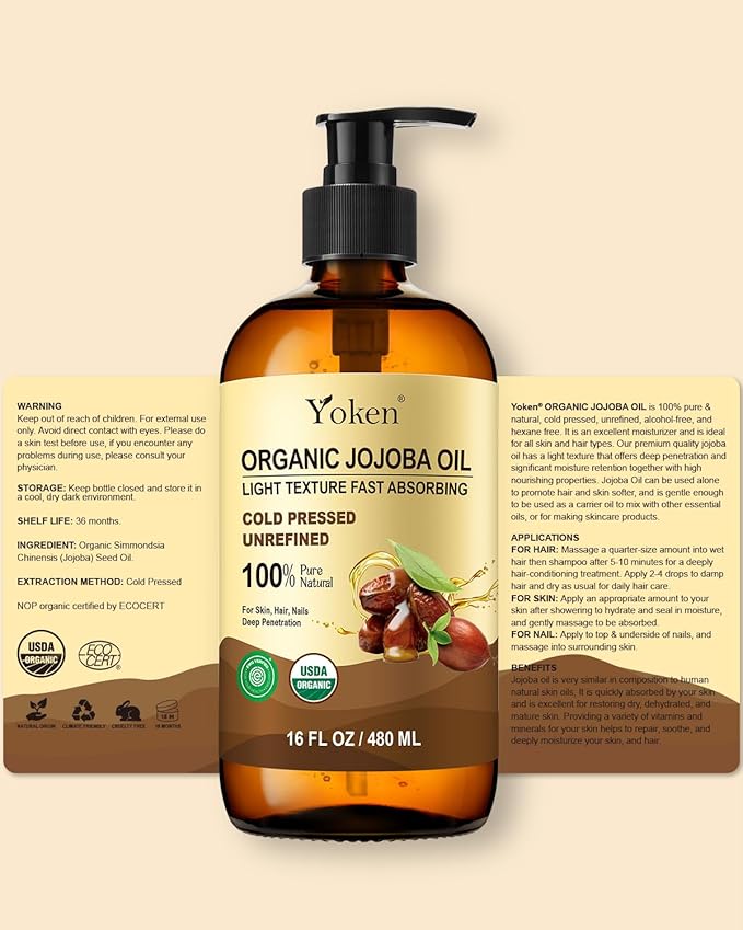 Yoken Organic Jojoba Oil Glass Bottle 16 fl oz, USDA Certified 100 Pure & Natural Jojoba Oil for Hair, Skin & Face, Cold Pressed Unrefined Hexane Free, Deeply Moisturizing Body Serum for Gua Sha