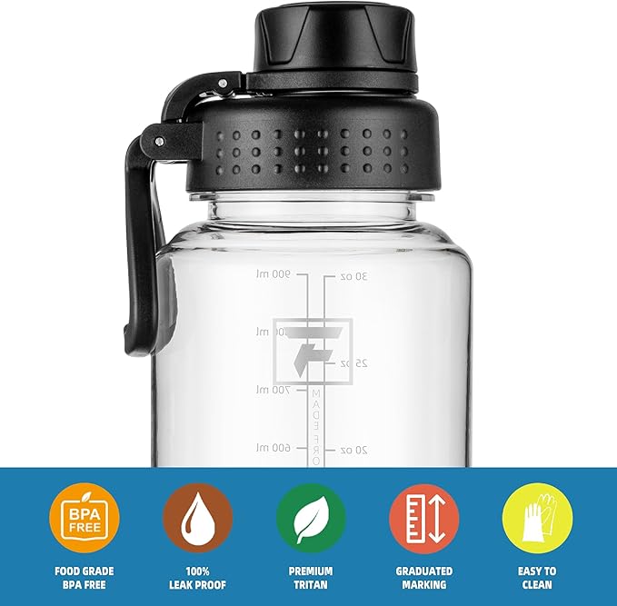 Fanhaw 32 oz Clear Water Bottle with Fast-Flow Spout Lid, BPA-Free Tritan, Wide Mouth, Leakproof, Reusable Bottle for Gym, School, Office, Travel (Clear&Black)
